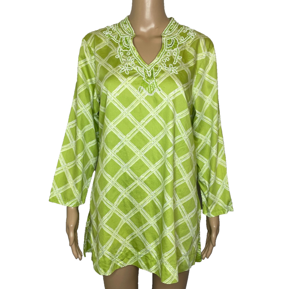 Women's Large Brooks Brothers 346 Green Lattice Pattern Beaded Tunic Blouse